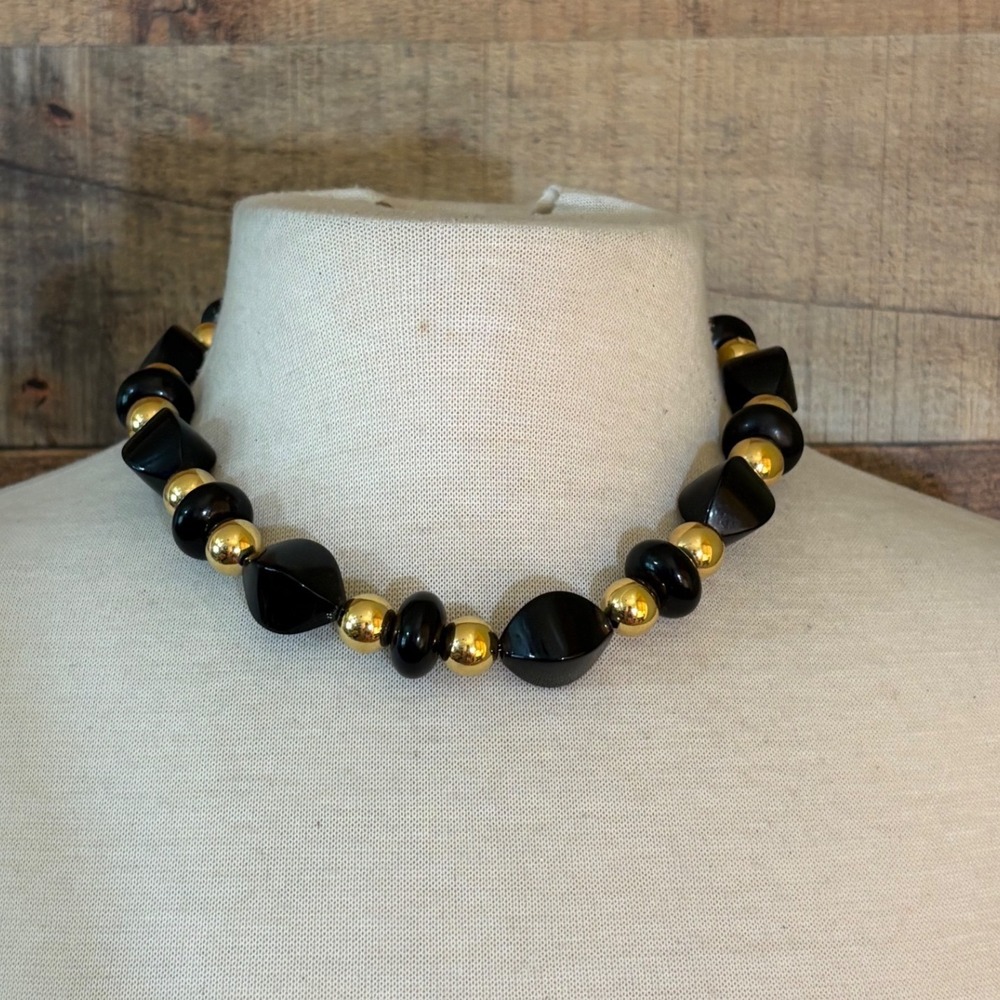 Vintage Black Geometric & Gold Bead Statement Necklace 17.5 Inch Choker J844